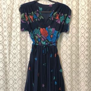 Navy Retro 70’s flower faux wrap dress